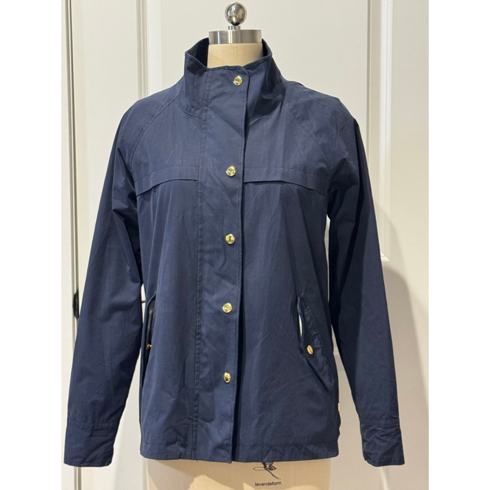 Women's Ann Taylor LOFT Navy rain Jacket M Gold Hardware knit lined